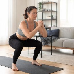 Woman doing a bodyweight squat on a yoga mat in her living room