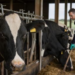 Dairy cows in a barn with a farmworker wearing protective gear