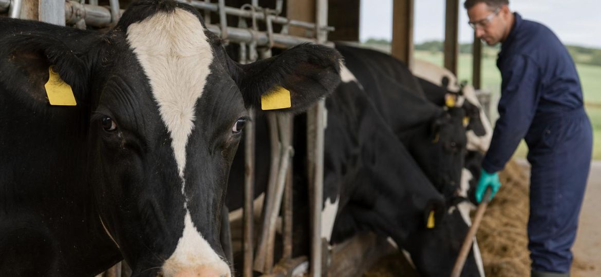 Dairy cows in a barn with a farmworker wearing protective gear