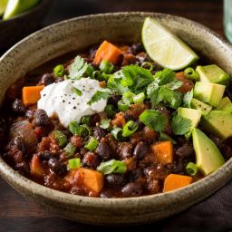 Bowl of black bean and sweet potato chili topped with avocado and cilantro