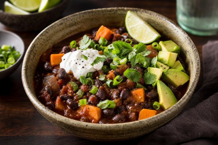 Bowl of black bean and sweet potato chili topped with avocado and cilantro