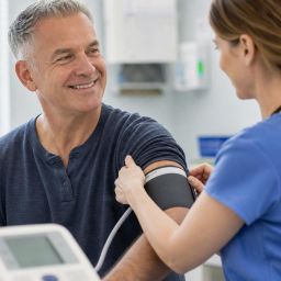 Nurse placing a blood pressure cuff on a smiling man's arm