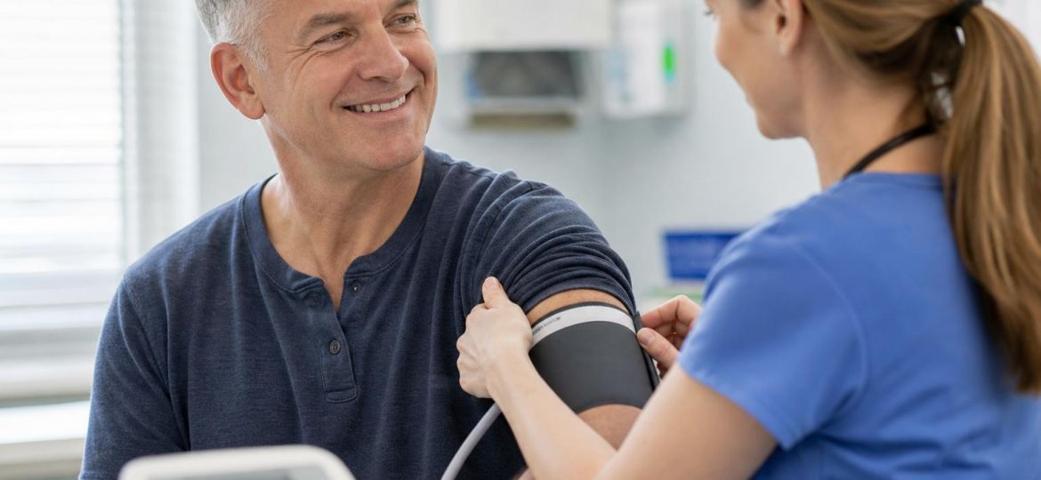 Nurse placing a blood pressure cuff on a smiling man's arm