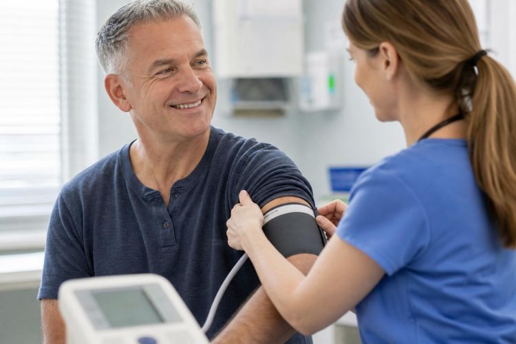 Nurse placing a blood pressure cuff on a smiling man's arm