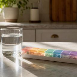 Weekly pill organizer beside a glass of water on a kitchen counter