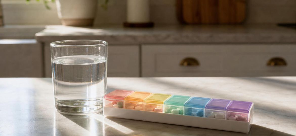 Weekly pill organizer beside a glass of water on a kitchen counter
