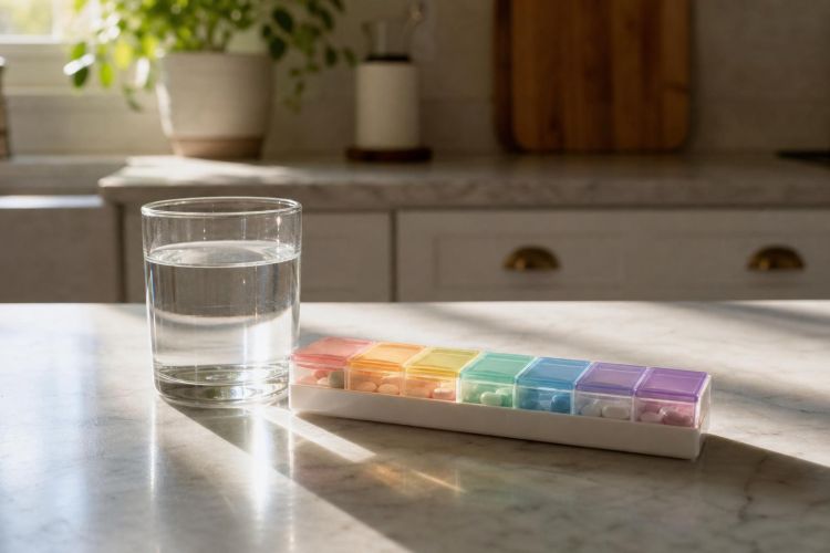 Weekly pill organizer beside a glass of water on a kitchen counter