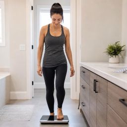 Woman stepping onto a bathroom scale with a tape measure nearby