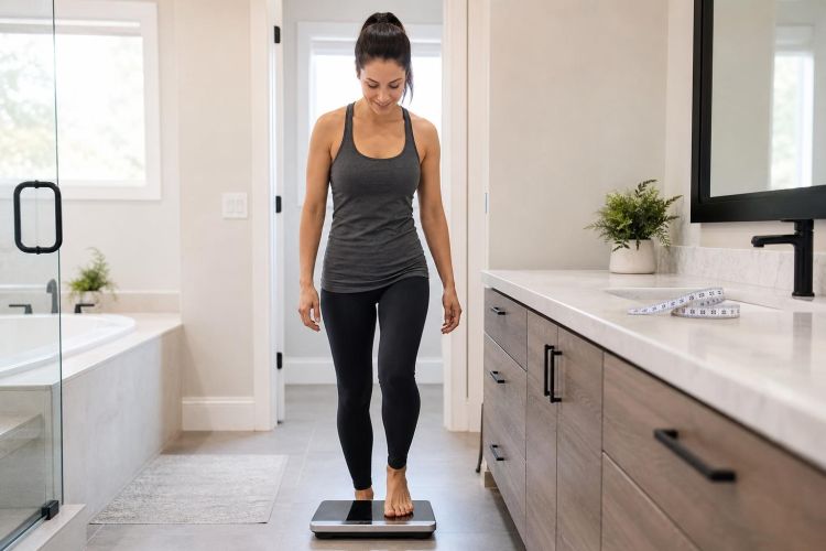 Woman stepping onto a bathroom scale with a tape measure nearby