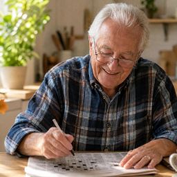 Older man with reading glasses doing a crossword puzzle at a sunny kitchen table