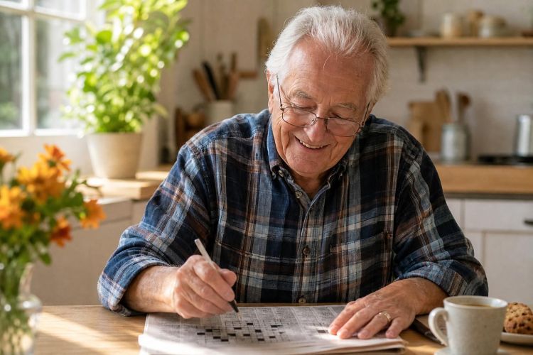 Older man with reading glasses doing a crossword puzzle at a sunny kitchen table