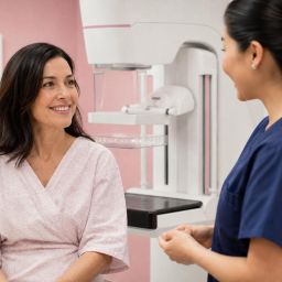 Woman in her 40s talking with a radiology technologist in a mammography suite