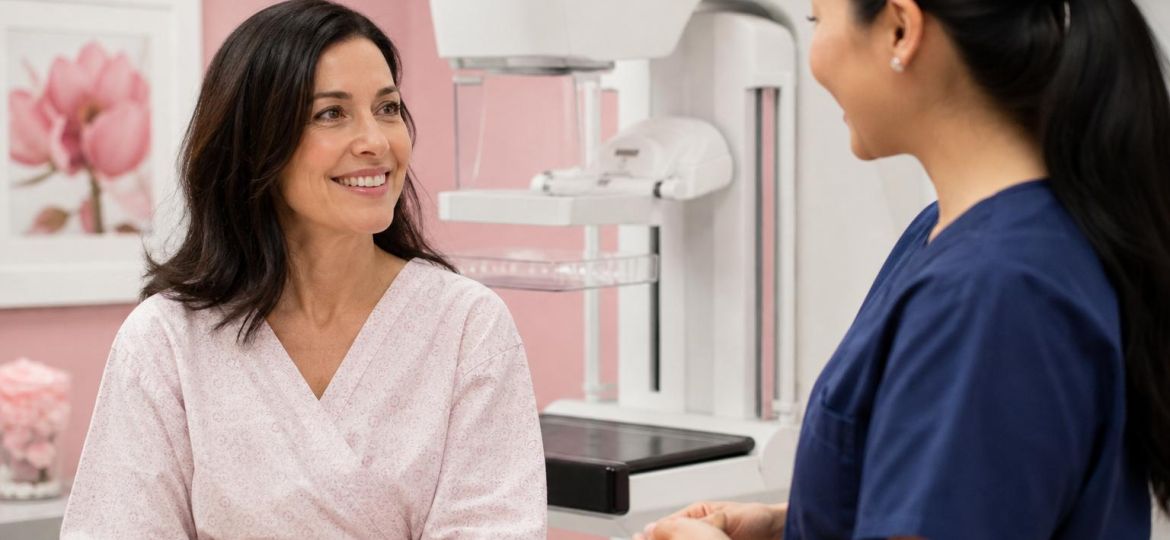 Woman in her 40s talking with a radiology technologist in a mammography suite