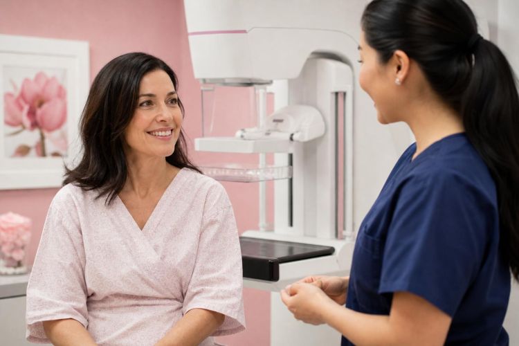 Woman in her 40s talking with a radiology technologist in a mammography suite