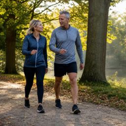 Couple walking briskly on a tree-lined park path