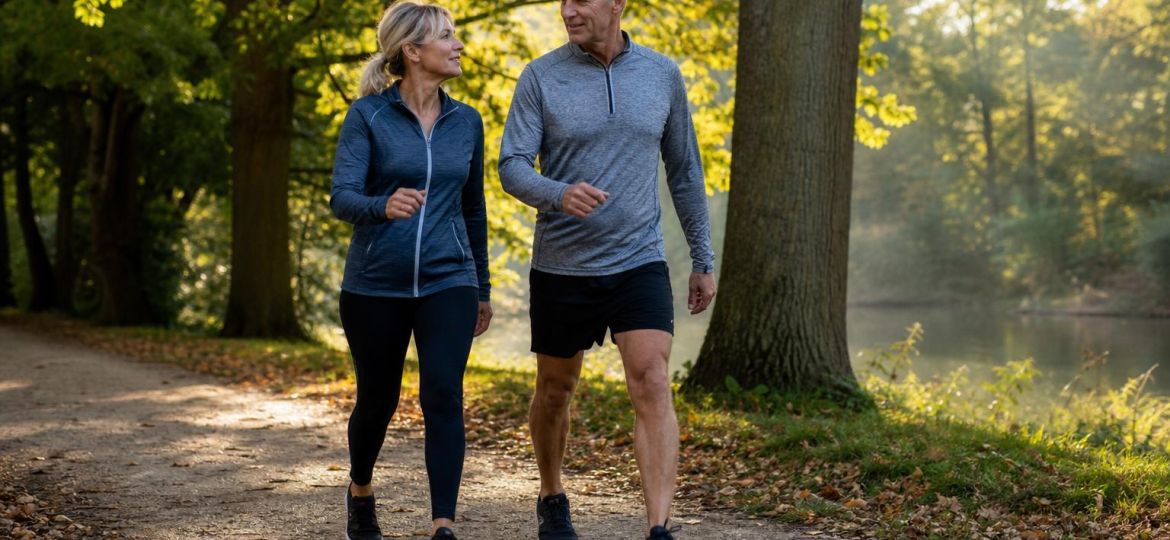 Couple walking briskly on a tree-lined park path