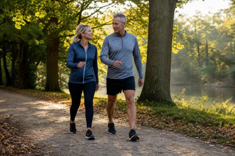 Couple walking briskly on a tree-lined park path