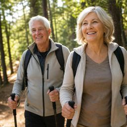 Active older couple hiking together on a sunlit forest trail