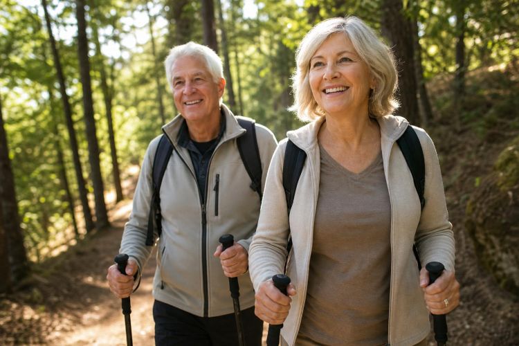 Active older couple hiking together on a sunlit forest trail