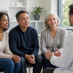 Doctor talking with three adult patients of different ages in a bright clinic