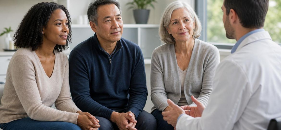 Doctor talking with three adult patients of different ages in a bright clinic