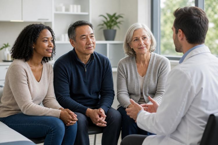 Doctor talking with three adult patients of different ages in a bright clinic