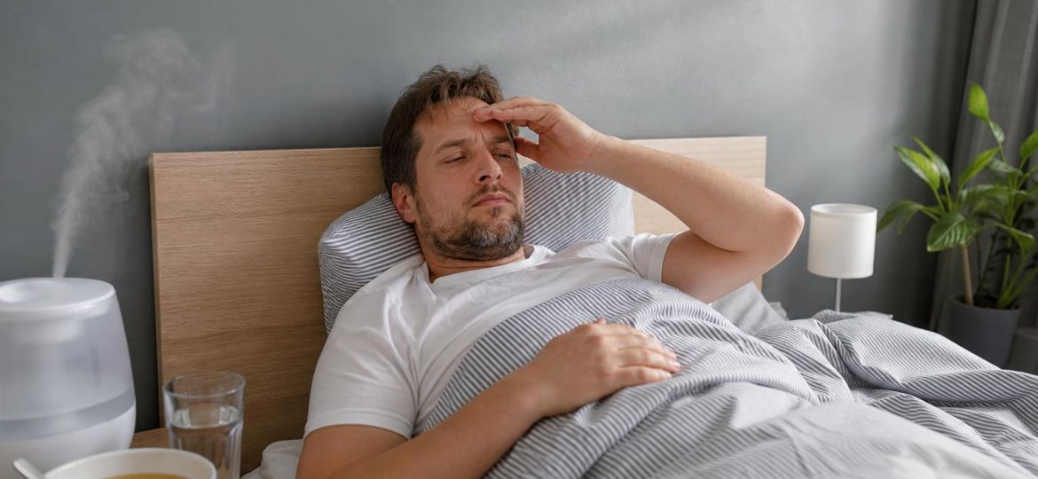 Man resting in bed with soup and water on the nightstand