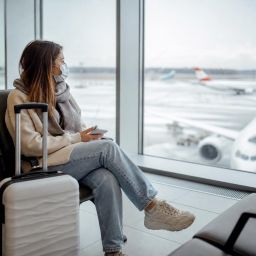 Traveler wearing a face mask in a bright airport terminal with a suitcase