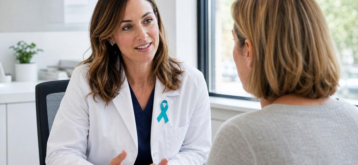 Female doctor talking with a woman patient in a bright clinic office