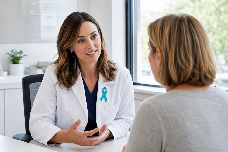 Female doctor talking with a woman patient in a bright clinic office