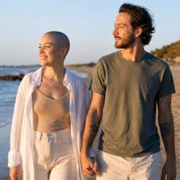 Young couple walking hand in hand along a beach at golden hour