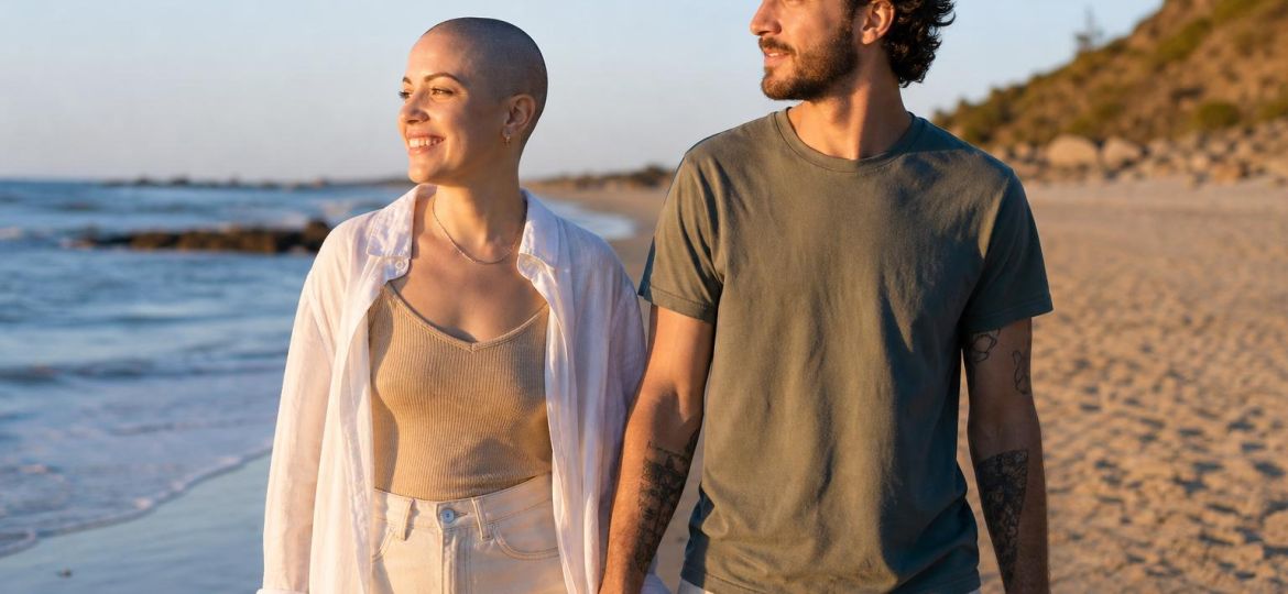 Young couple walking hand in hand along a beach at golden hour