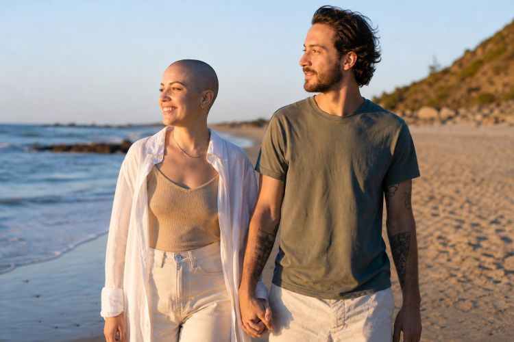 Young couple walking hand in hand along a beach at golden hour