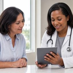 Doctor reviewing cholesterol blood test results on a tablet with a patient