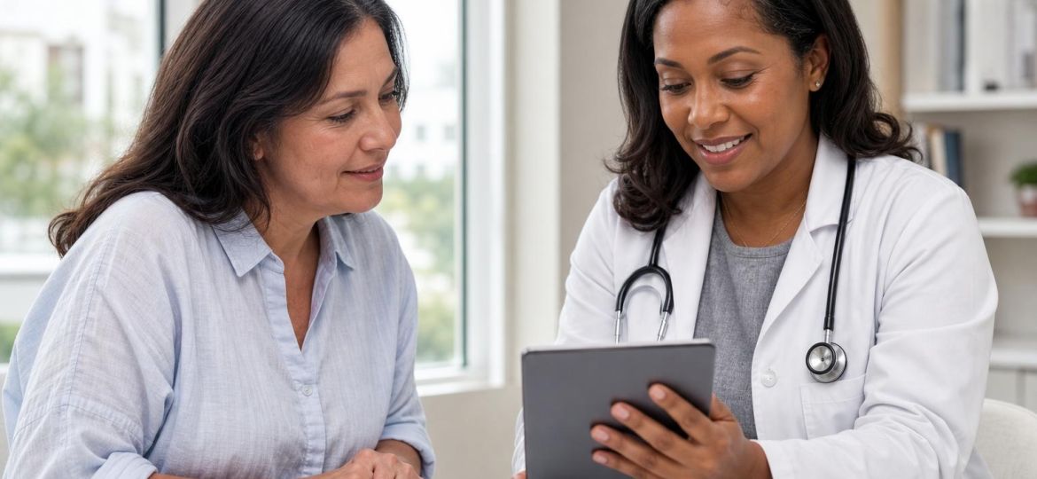 Doctor reviewing cholesterol blood test results on a tablet with a patient