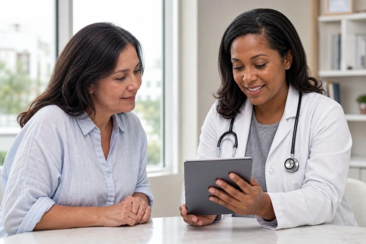 Doctor reviewing cholesterol blood test results on a tablet with a patient