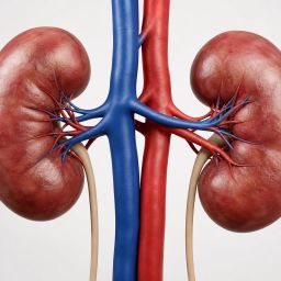 Illustration of a pair of human kidneys with blood vessels
