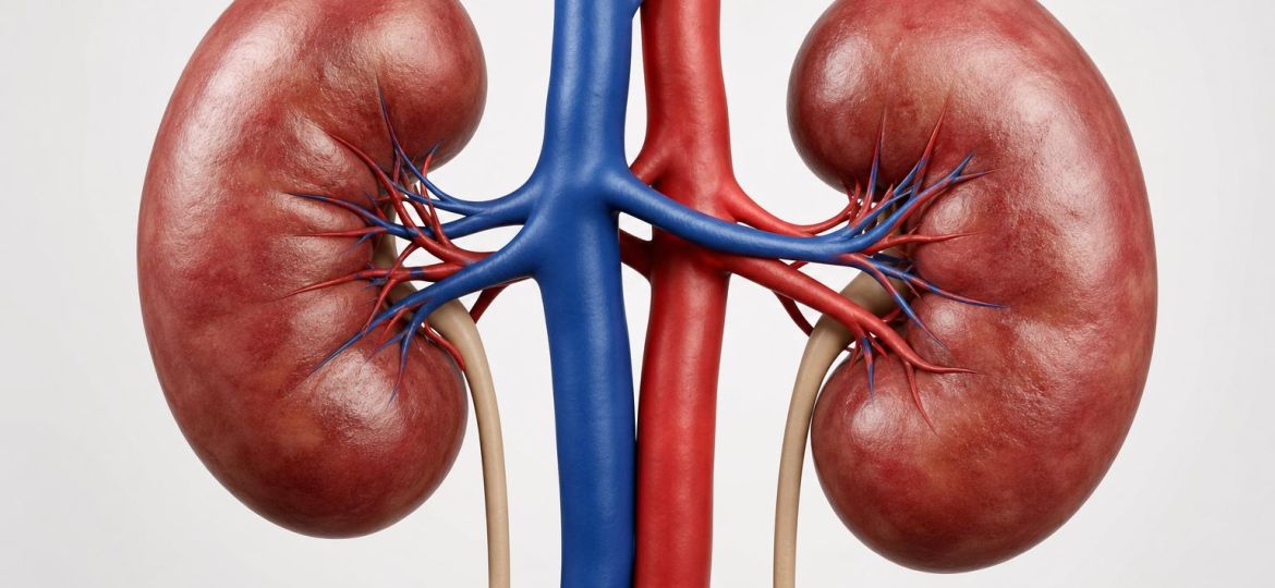 Illustration of a pair of human kidneys with blood vessels