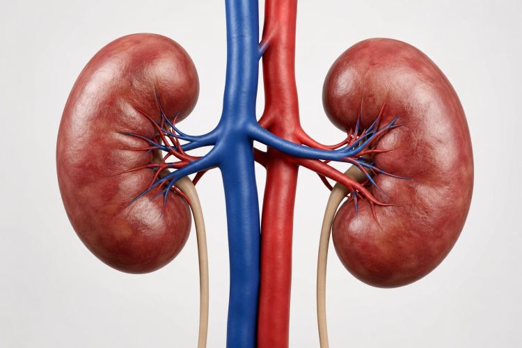 Illustration of a pair of human kidneys with blood vessels