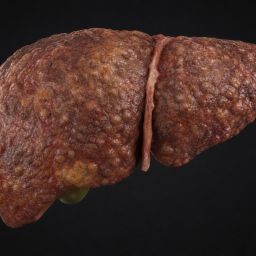 Illustration of a human liver with a scarred, nodular surface