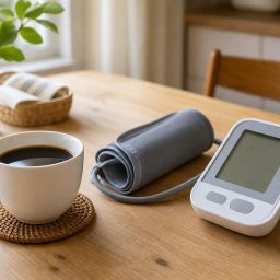Cup of black coffee next to a home blood pressure monitor on a kitchen table