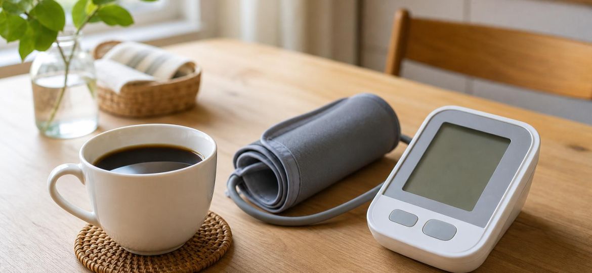 Cup of black coffee next to a home blood pressure monitor on a kitchen table