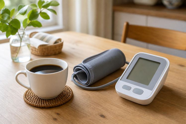 Cup of black coffee next to a home blood pressure monitor on a kitchen table