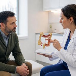 Man in his early 40s listening to a gastroenterologist explain a colon model