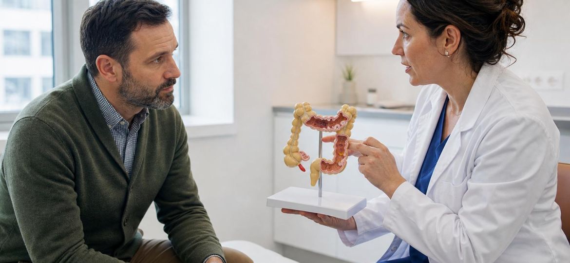Man in his early 40s listening to a gastroenterologist explain a colon model