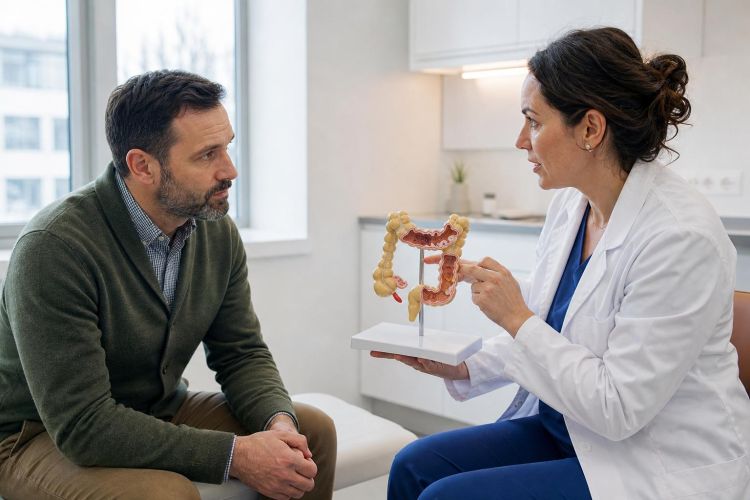 Man in his early 40s listening to a gastroenterologist explain a colon model