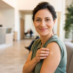 Smiling woman holding a bandage on her upper arm after a vaccination