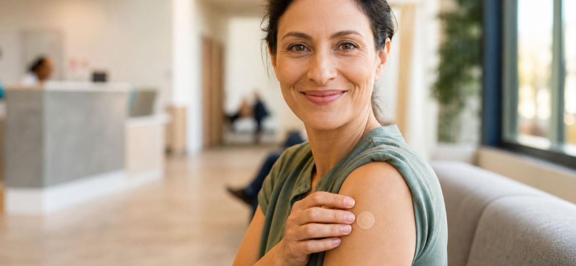 Smiling woman holding a bandage on her upper arm after a vaccination