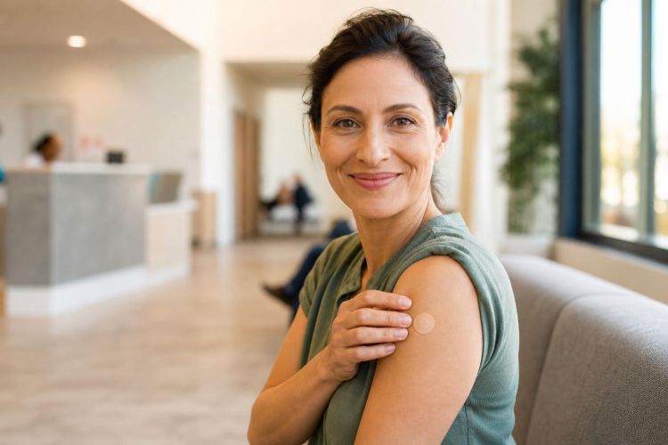 Smiling woman holding a bandage on her upper arm after a vaccination