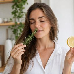 Woman with eyes closed smelling fresh rosemary and a lemon slice in a bright kitchen